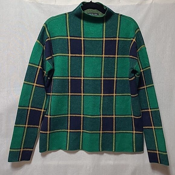 Rachel Zoe Plaid Mock Neck Sweater Womens Size Large Green Yellow Black Stretch - Picture 1 of 8